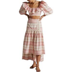 New Anthropologie Raisa A Line Striped High Low Embroidered Pleated Midi Skirt M